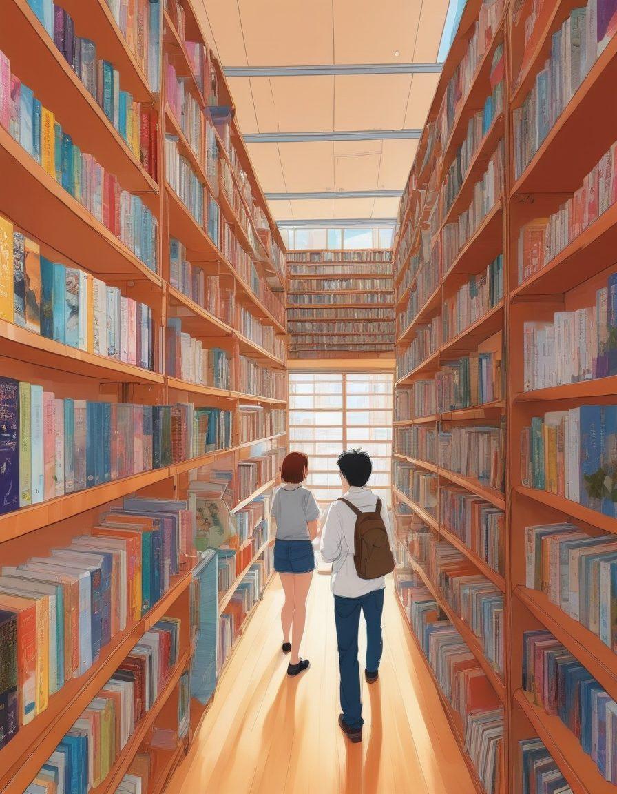 A vibrant and dynamic illustration of a library setting with diverse shelves of manga, featuring different colorful manga covers specifically from the yaoi and yuri genres. People of various backgrounds and orientations are joyfully exploring the collection, some reading and others discussing enthusiastically. The atmosphere is warm, inclusive, and filled with a sense of discovery and acceptance. vector art. vibrant colors. lively and inclusive.