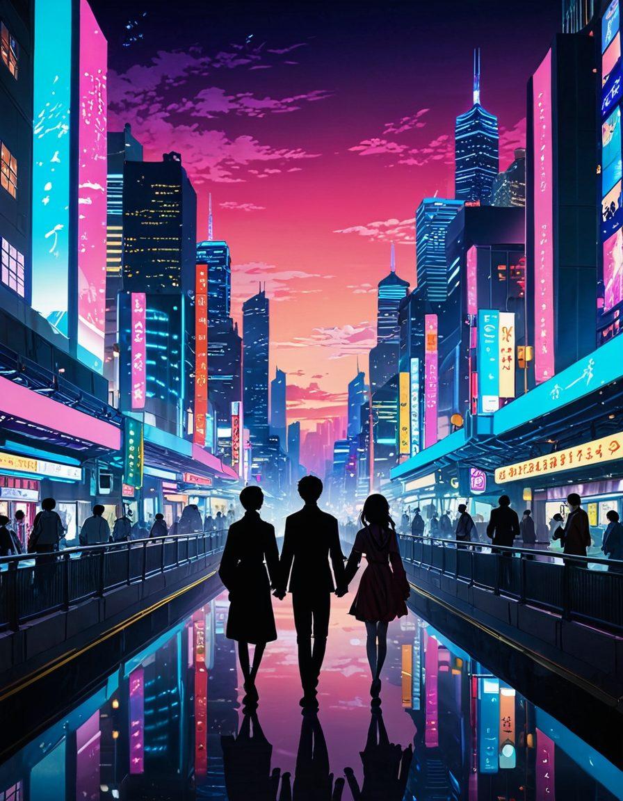 A dreamy, ethereal landscape with a futuristic city where manga characters explore intimate, sensual moments. Include a blend of traditional Japanese art, vibrant colors, and modern digital elements. Characters should be tasteful and elegantly dressed, engaging in varied emotional interactions. cinematic, anime-style, vibrant colors, fantasy, ethereal.