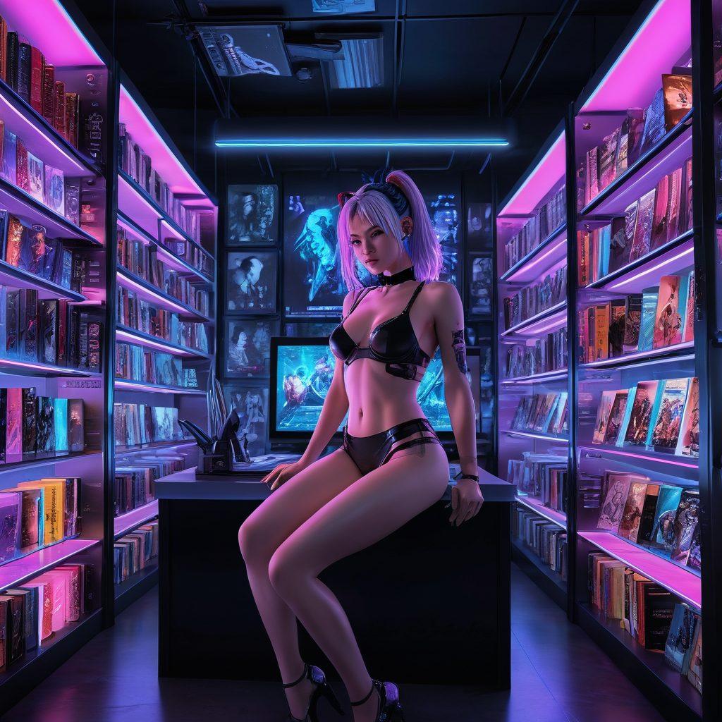 A futuristic digital library with neon-lit shelves displaying erotic manga and sensual comics, characters from the pages coming to life with seductive expressions, and vibrant holograms floating in mid-air. cyberpunk. vibrant colors. 3D.